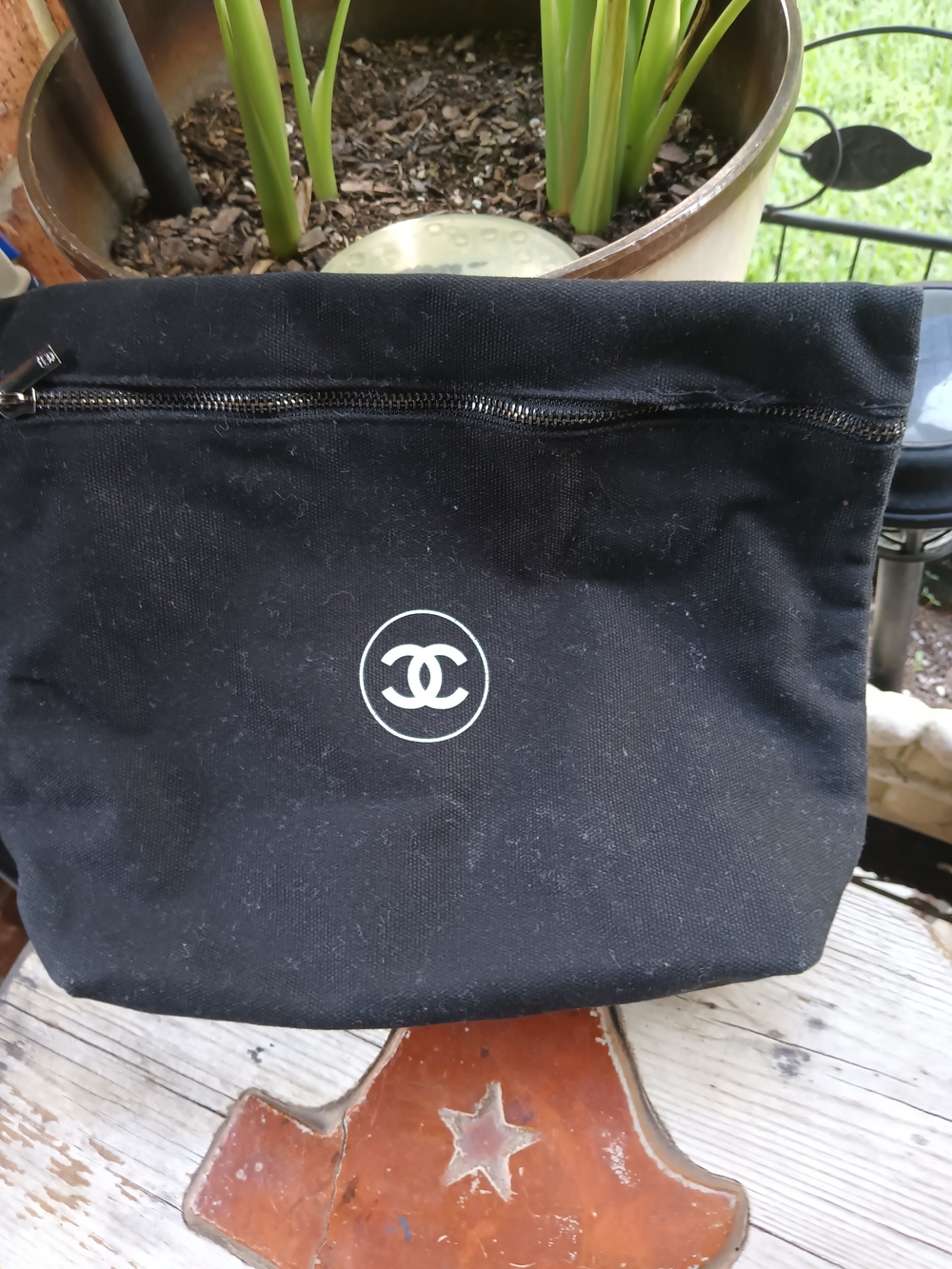 CHANEL Black Canvas Toiletry Pouch with White CC Logo